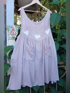 OOAK Soft Blush Sleeveless Pocket Sundress with Heart Appliques